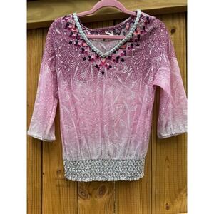 Akemi + Kin Embroidered Blouse Pink 3/4 Sleeve‎ Smocked Waist Bohemian Top